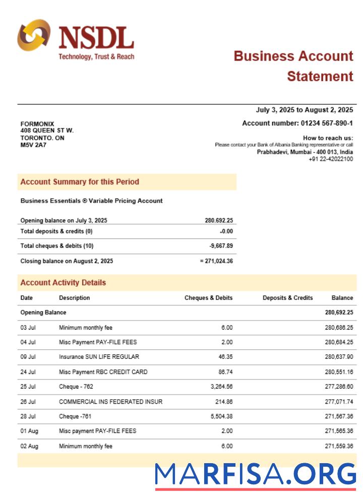 Blank NSDL firm account statement Word and PDF format real example